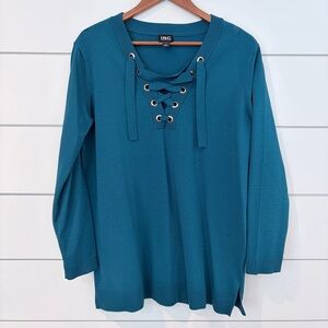 INC Teal Lace-Up Sweater Tunic Medium Soft Girl Coastal Chic Knit Top M